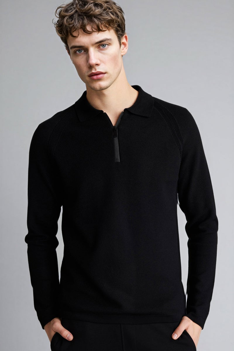 DeFacto Black Man Standard Fit Polo Collar Knitwear Pullover Casual - Image 2